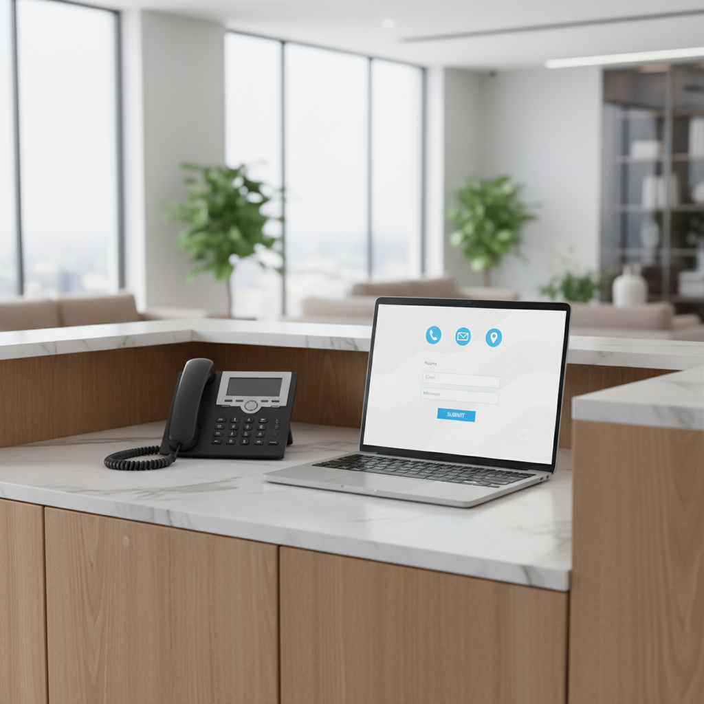 Receptie met telefoon en eenvoudig contactformulier op een laptop