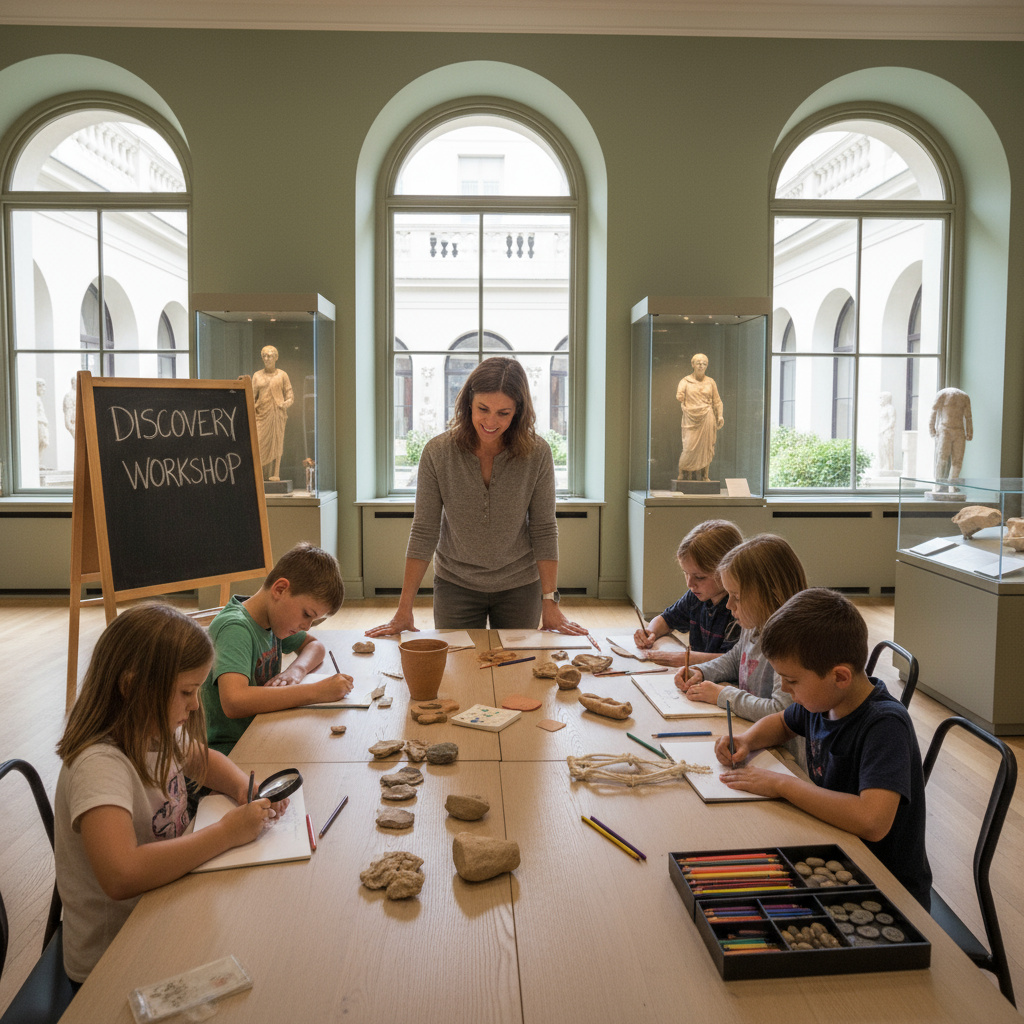 Docent begeleidt kleine groep studenten in museumworkshop