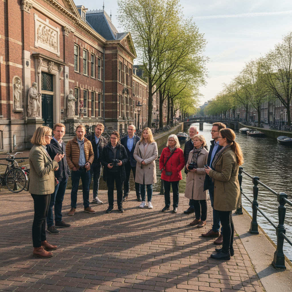 Kleine groep tijdens een wandeltocht bij museumingang aan de Amsterdamse grachten