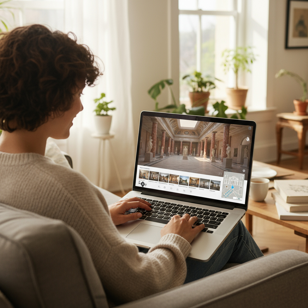 Persoon bekijkt virtuele museumtour op laptop